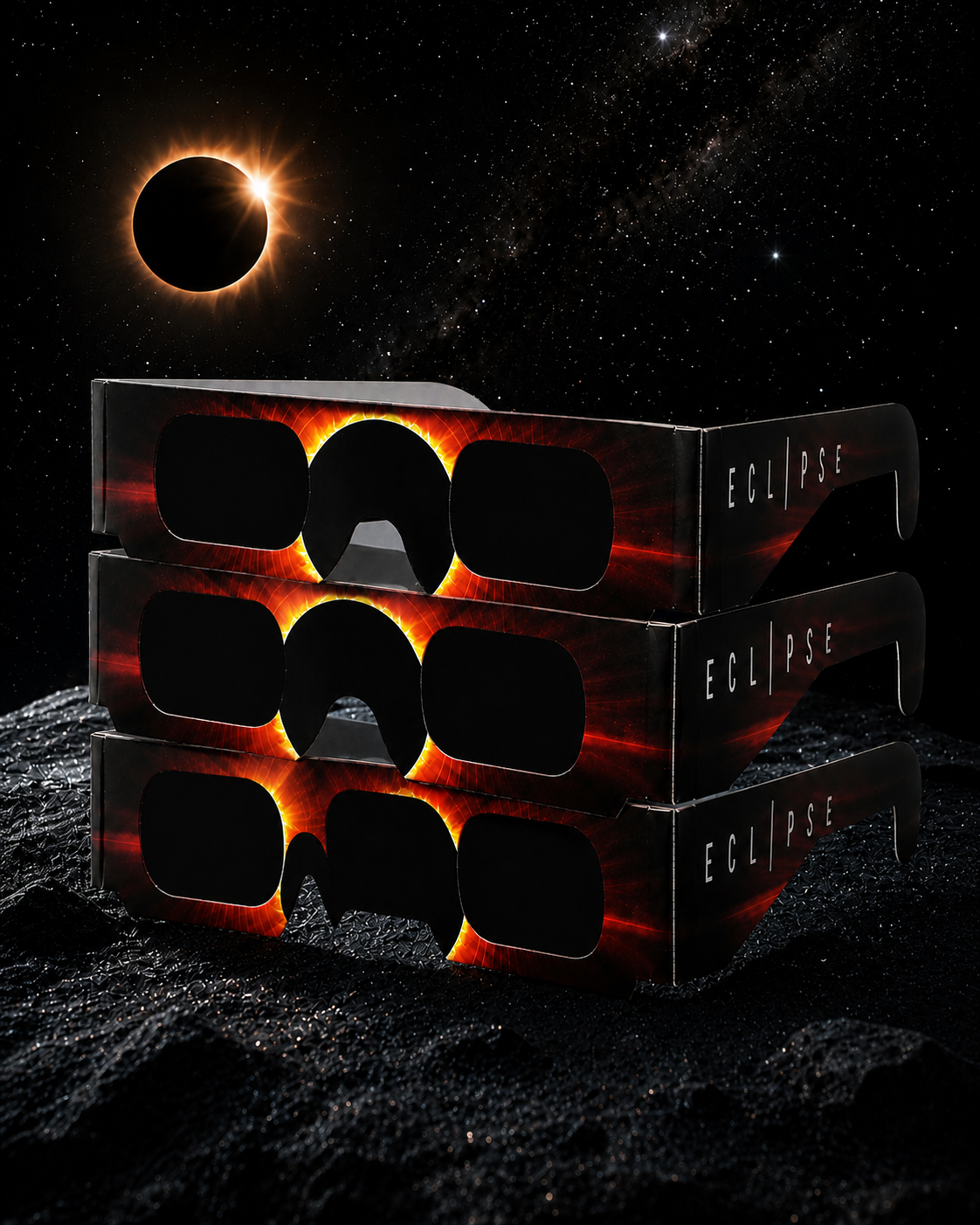 Pack de 3 gafas de eclipse solar certificadas CE / ISO 12312-2 – Eclipse del 12 de agosto de 2026