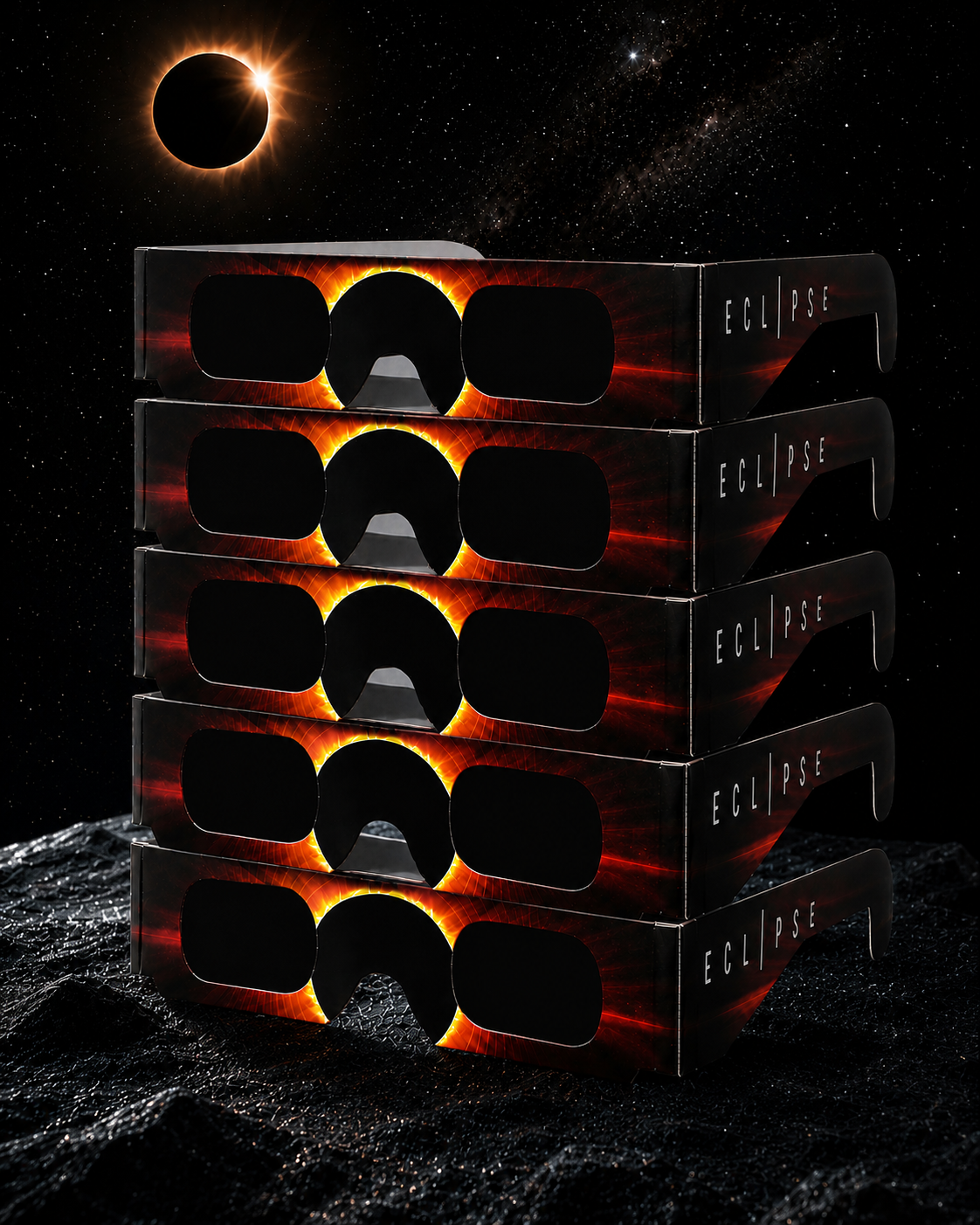 Pack de 5 gafas de eclipse solar certificadas CE / ISO 12312-2 – Eclipse del 12 de agosto de 2026